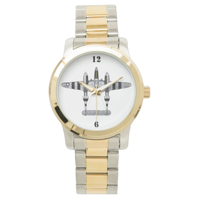 P-38 Lightning met D-Day Stripes Zilver/Goud Horloge (Voorkant)