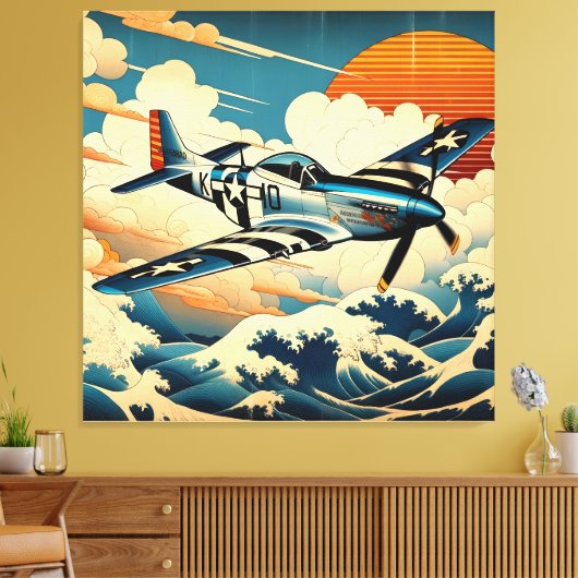 P-51 Mustang in Ukiyo-e Art Canvas Afdruk (Insitu (Woonkamer))