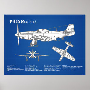 P-51D Mustang - Vliegtuigblauwdruk ABD Poster