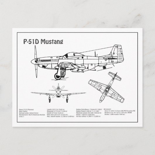 P-51D Mustang - Vliegtuigblauwdruk BD Briefkaart (Voorkant)