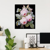 P.J. Redoute Bourbon Rose Bouquet op Black Poster (Thuiskantoor)