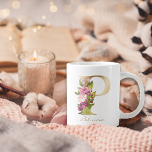 P Letter Gold Monogram roze witte magenta Floral Extra Grote Beker