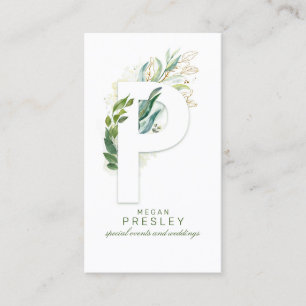 P Letter Monogram Gold Greenery Leaves Elegant Visitekaartje