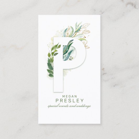 P Letter Monogram Gold Greenery Leaves Elegant Visitekaartje (Voorkant)