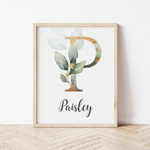 P Letter Monogram Groen Kwekerij Naam Muur Print