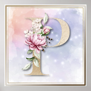 P Monogram Burgundy Floral Poster
