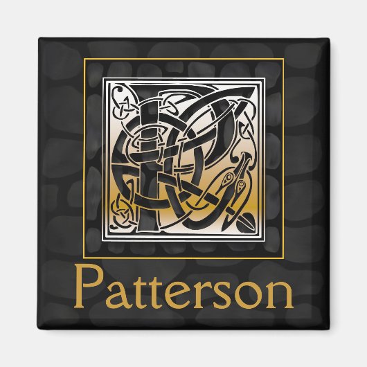 P naam Monogram "Celtic Black Stone" vierkante mag Magneet (Voorkant)