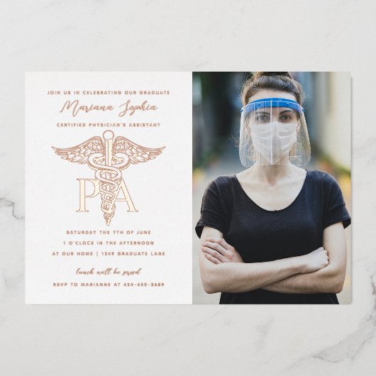 PA Physician's Assistant Afstuderen Photo Roos Folie Uitnodiging (Voorkant)