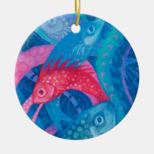 Paaivissen, vis, onderwaterkunst, pastel, blauw, r keramisch ornament