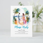 Paar bij Beach Wedding Waterverf Response RSVP (Staand voorkant)