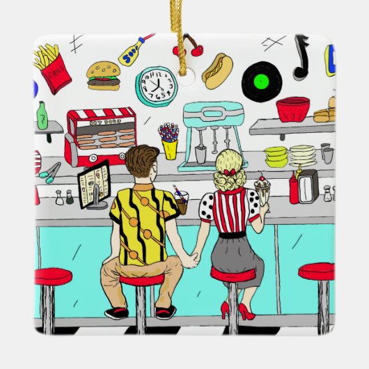 Paar bij Fifties Diner Holding Hands Retro Keramisch Ornament (Voorkant)