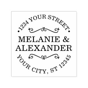 Paar Bruiloft Ronde Naam Retouradres Monogram Zelfinktende Stempel