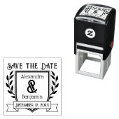 Paar Crest Ribbon Botanical Save the Date Zelfinktende Stempel (In situ)