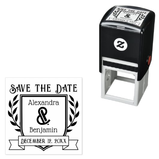 Paar Crest Ribbon Botanical Save the Date Zelfinktende Stempel (In situ)