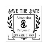 Paar Crest Ribbon Botanical Save the Date Zelfinktende Stempel (Design)