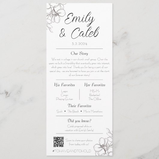 Paar feiten zwart en wit bloemenbruiloft programma (Voorkant)