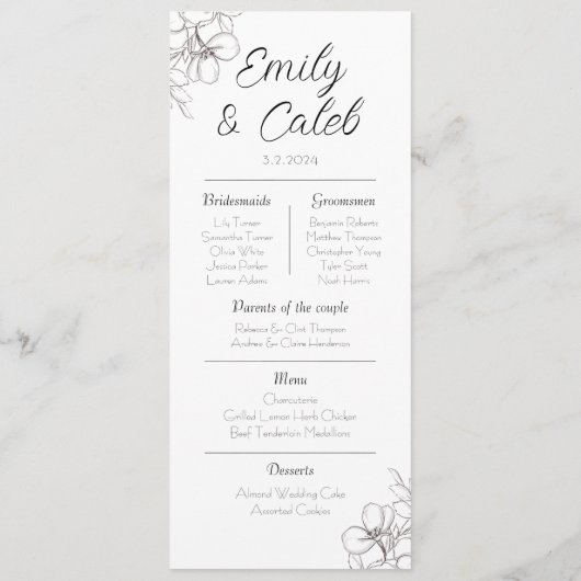 Paar feiten zwart en wit bloemenbruiloft programma (Achterkant)