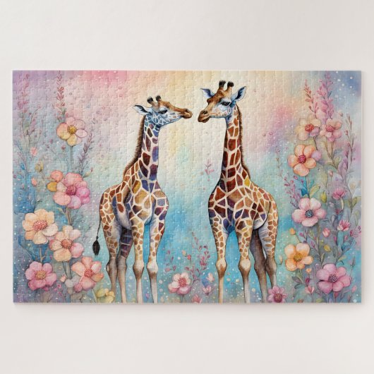 Paar Giraffes in een pasteltuin Legpuzzel (Horizontaal)