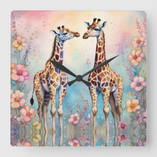 Paar Giraffes in een pasteltuin Vierkante Klok