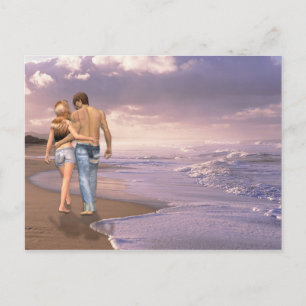 Paar in liefde lopen op het strand in de zonsonder briefkaart