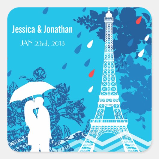 Paar in Parijs met Eiffle Tower Vierkante Sticker (Voorkant)