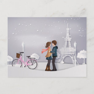 Paar in Snowy Paris met Eiffeltoren Briefkaart