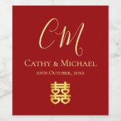 Paar initialen modern Chinees bruiloft rood Wijn Etiket (Enkel label)