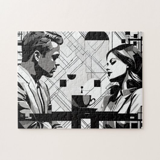 Paar Intriges in Zwart-wit Modern Café Legpuzzel (Horizontaal)
