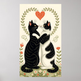 Paar katten verliefd op bloemenhart poster