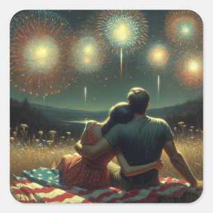 Paar Knuffelen onder de Fourth of July Vuurwerk Vierkante Sticker
