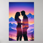 Paar liefde romantische zonsondergang silhouet moo poster (Voorkant)