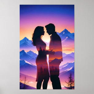 Paar liefde romantische zonsondergang silhouet moo poster