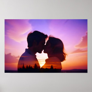 Paar liefde romantische zonsondergang silhouet moo poster