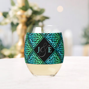 Paar Monogram Keltisch Blauw Groen Wijnglas Zonder Voet