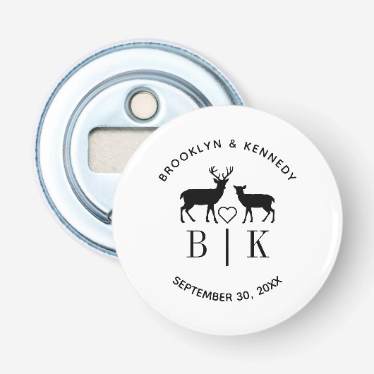 Paar naam Deer Monogram Rustic Land Weddenschap Button Flesopener (Voorkant)