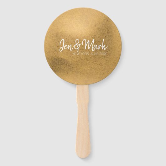 Paar Namen, Staat, Bruiloft Datum op Faux Gold Handwaaier (Voorkant)