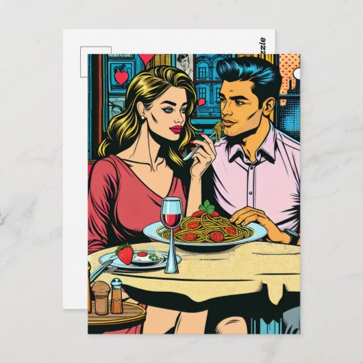 Paar op eerste date | Spaghettisdiner Briefkaart (Voorkant / Achterkant)