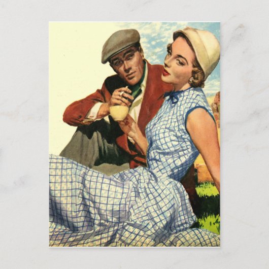 Paar op picknick, vintage, valentijn briefkaart (Voorkant)