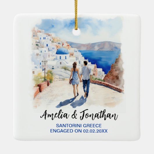 Paar op Santorini Island | Waterverf Reiskunst Keramisch Ornament (Achterkant)