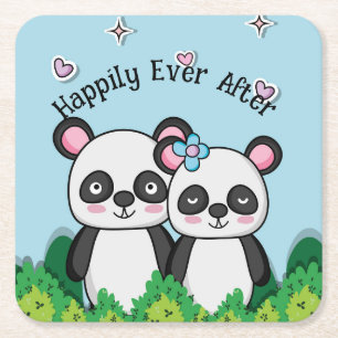 Paar Panda's Vierkante Kartonnen Onderzetter