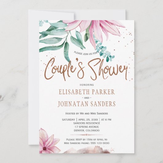 Paar partij bloemenglitter script koppels douche kaart (Voorkant)