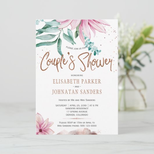 Paar partij bloemenglitter script koppels douche kaart (Staand voorkant)