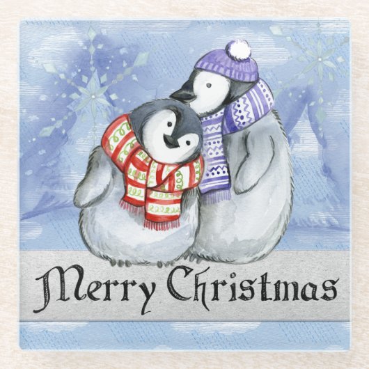 Paar Pinguïns Glazen Onderzetter (Voorkant)