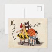 Paar van kinderen met gekloonde pompoen, Halloween Briefkaart (Voorkant / Achterkant)