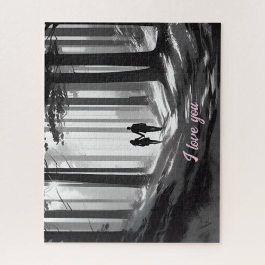 Paar wandelt langs Black & White Forest Path Legpuzzel (Verticaal)