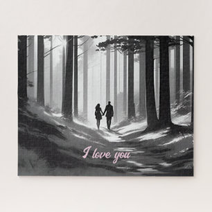 Paar wandelt langs Black & White Forest Path Legpuzzel