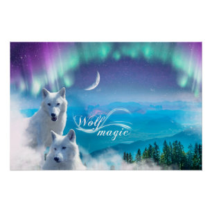 Paar witte wolven met noorderlicht perfect poster