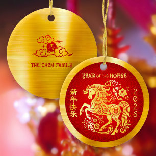 Paard 2026 Chinees Nieuwjaar Goud Folie Rood Keramisch Ornament