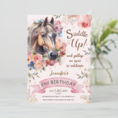 Paard 2e verjaardag roze bloemenmeisje zadel omhoo kaart (Staand voorkant)