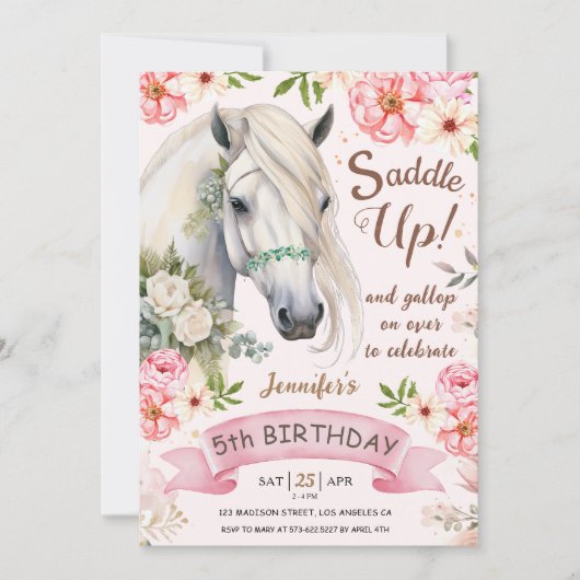 Paard 5e verjaardag meisje roze bloemen zadel omho kaart (Voorkant)